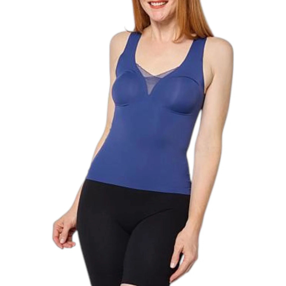 Rhonda Shear Women's Butterknit Tank w Lace Inset Removable Pads Navy - Regular